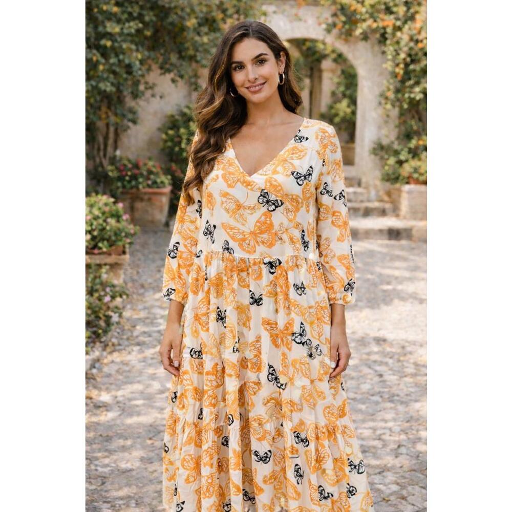 Sweet Magnolia White Yellow Black Butterfly Print Tiered Bohemian Maxi Dress, L